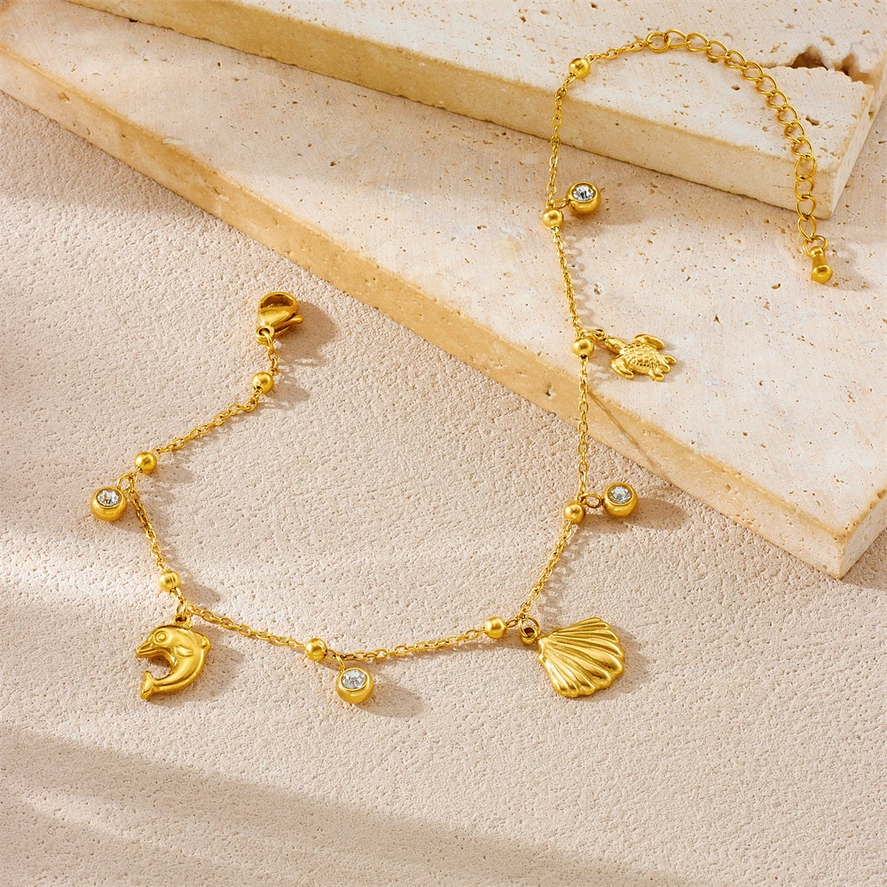 Stainless Steel Ocean Style Shell Dolphin Zircon Anklet For Women Girl Beach Fashion Foot Chain Jewelry Gift Party Holiday