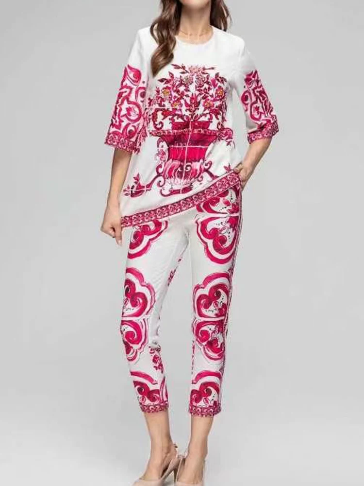 

Retro spring new two-piece geometric printing sleeve loose shirt+elastic waist pants fashion elegant women's suit