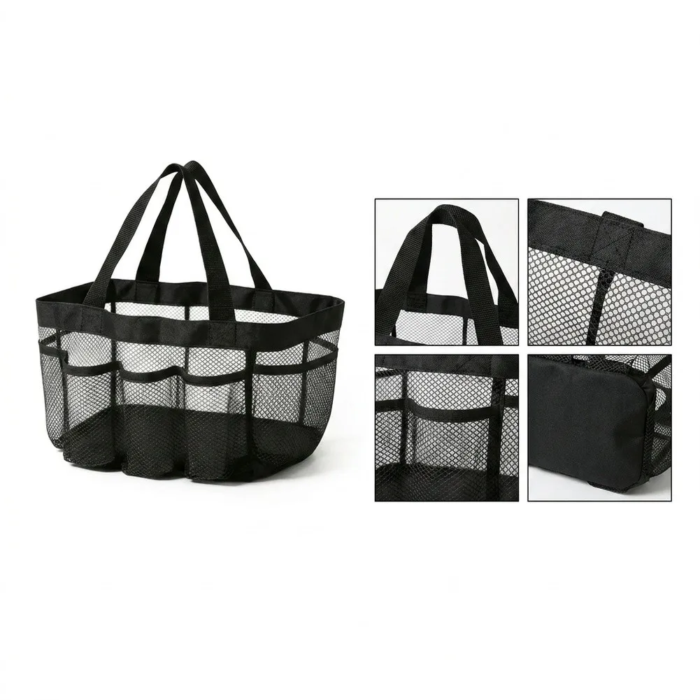 Large Capacity Mesh Shower Tote Bag With 9 Pockets Quick Dry Foldable For Gym Camping Beach Travel Toiletry Organizer Black