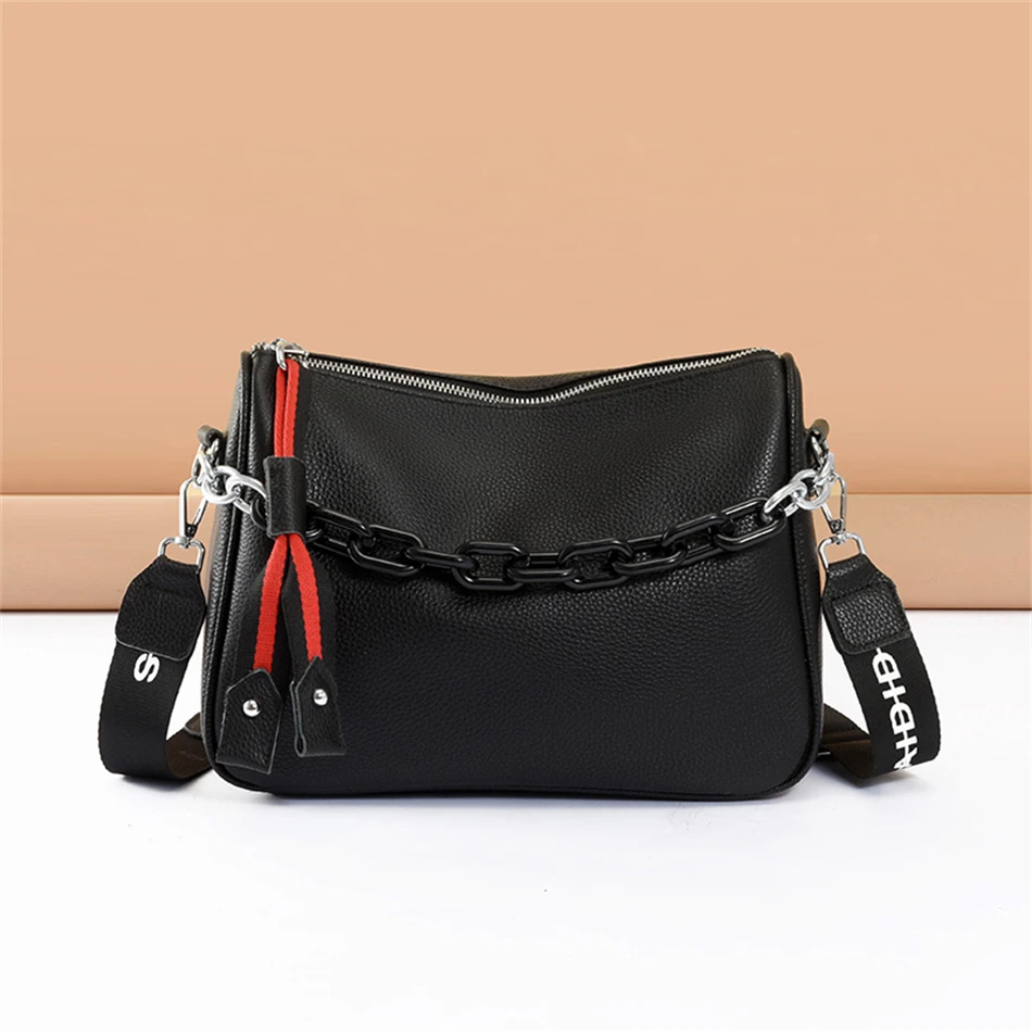 Genuine Leather Crossbody Bags Women 100% Cowhide Female Shoulder Bag Fashion Wide Shoulder Strap Soft Large Women Bag Bolsa Sac