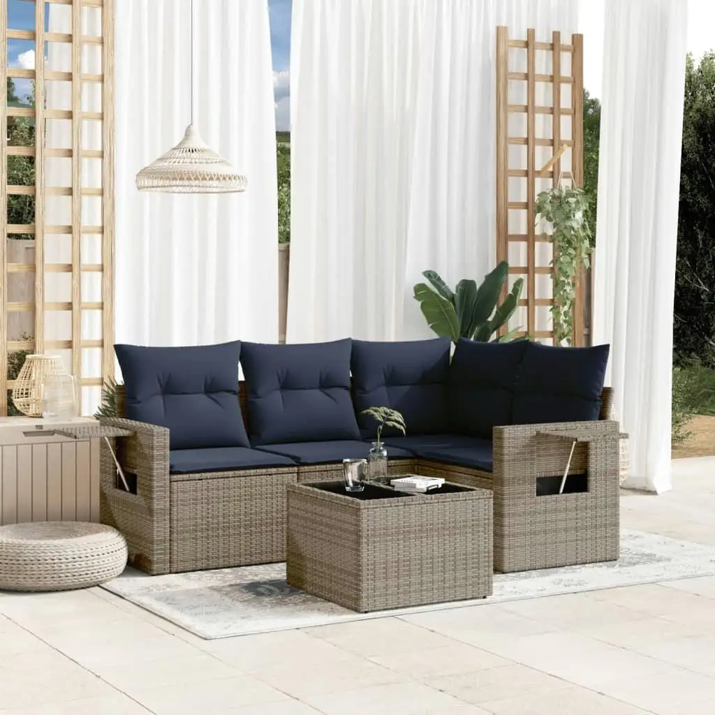 

Cozy Gray Poly Rattan 5 Piece Patio Sofa Set with Cushions for Outdoor Living Space