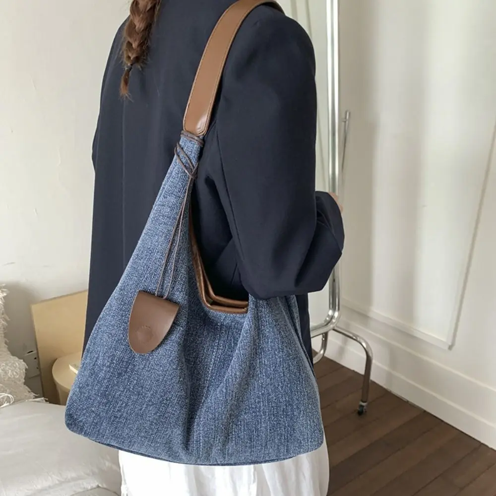

Korean Style Denim Tote Bag Cowboy Large Capacity Canvas Shoulder Bag Lightweight Harajuku Commuting Underarm Bag Women
