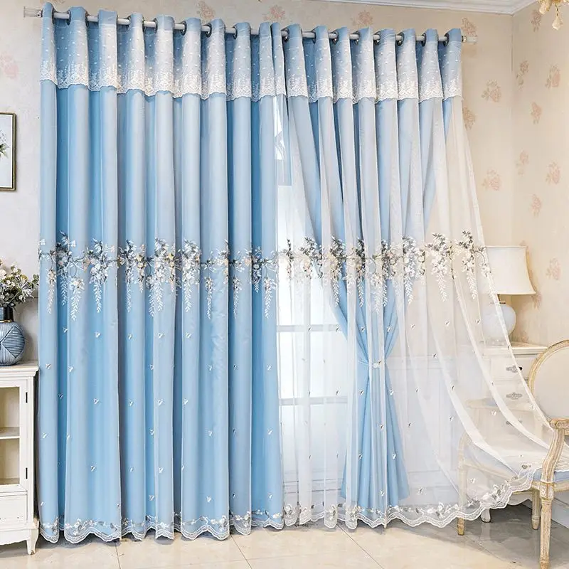 

Elegant Blue Double Layer Curtain with Embroidered Sheer & Blackout Fabric Romantic Floral Lace Design for Living Room & Bedroom