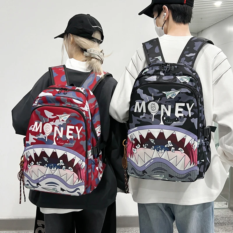Trendy Shark Mouth Oxford Cloth Double Shoulder Bag Graffiti Print Travel Backpack Large Capacity Student Bookbag Cartoon Style
