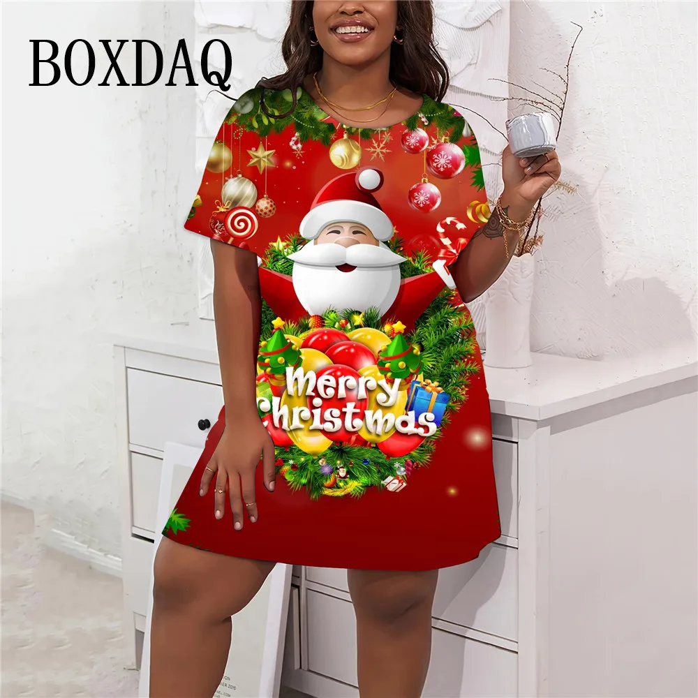 

Christmas Party Mini Dress Women Cartoon Santa Claus Print Loose Dress Plus Size Fashion Casual Short Sleeve Dresses Winter 2024