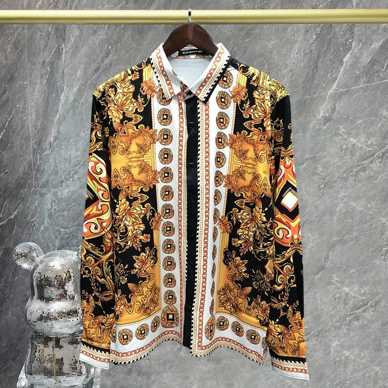 Gold Vintage Baroque Print Long Sleeve Shirt Tops Casual Dress Men Clothes Hawaiian Slim Shirts Holiday Slim Mode Chemise Homme