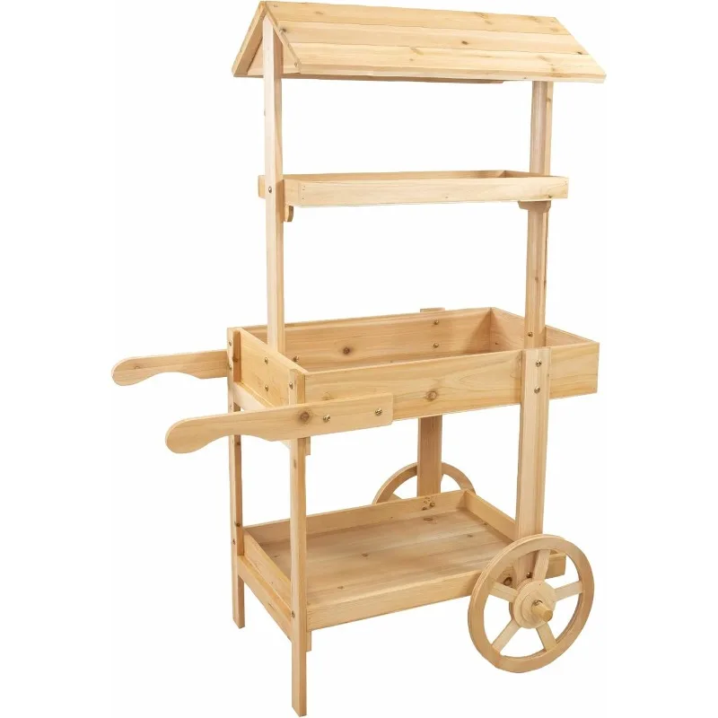 Country Market Flower Cart Display Stand with Wheels - 2 Shelves Fir Wood 30 lb Weight Capacity Natural Fir