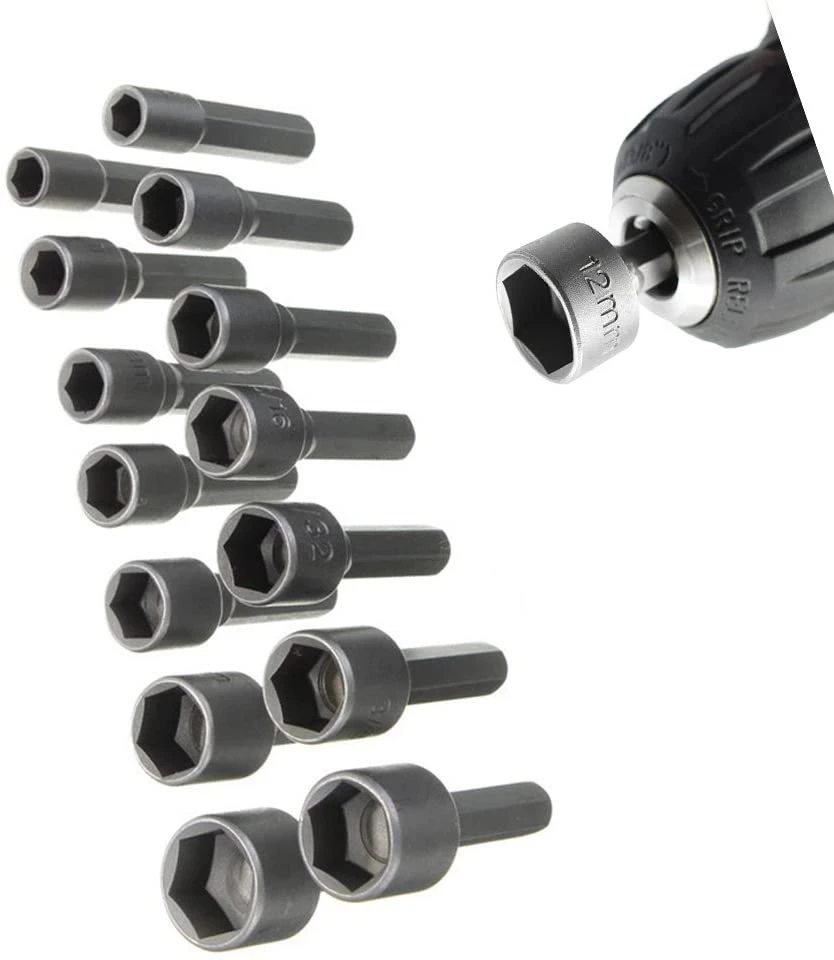 14 PCS Power Nut Driver Bit Set Electronic 5-12mm Hex Socket Adapter Forged hardened Chrome Vanadium Steel 1/4" Driver Nozzles