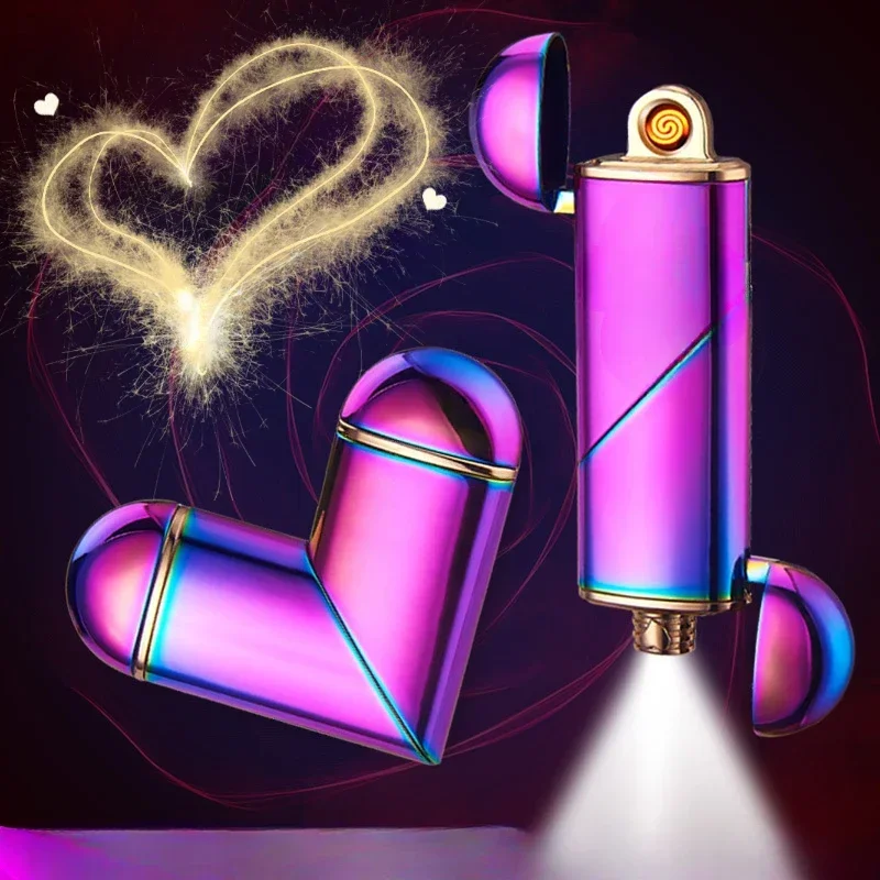 Metal Folding Love Flashlight USB Charging Lighter Creative Love Projection Windproof Lighter Smoking Accessories Gift Tool