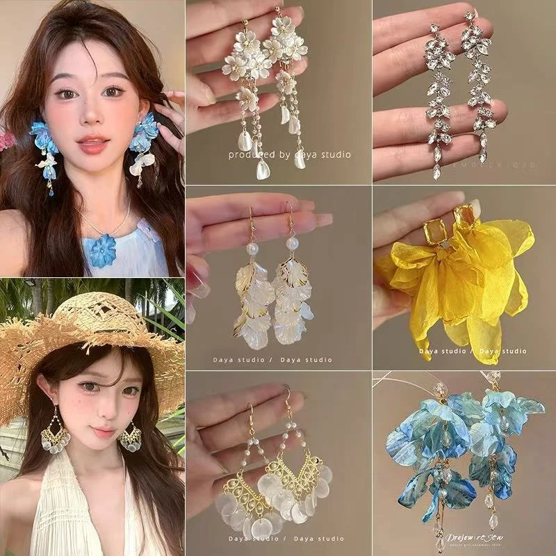 Silver Ultra Lmmortal Exquisite Fabric Textile Crafts  Flower Tassel Earrings Summer Seaside Vacation Style Light Niche Luxury
