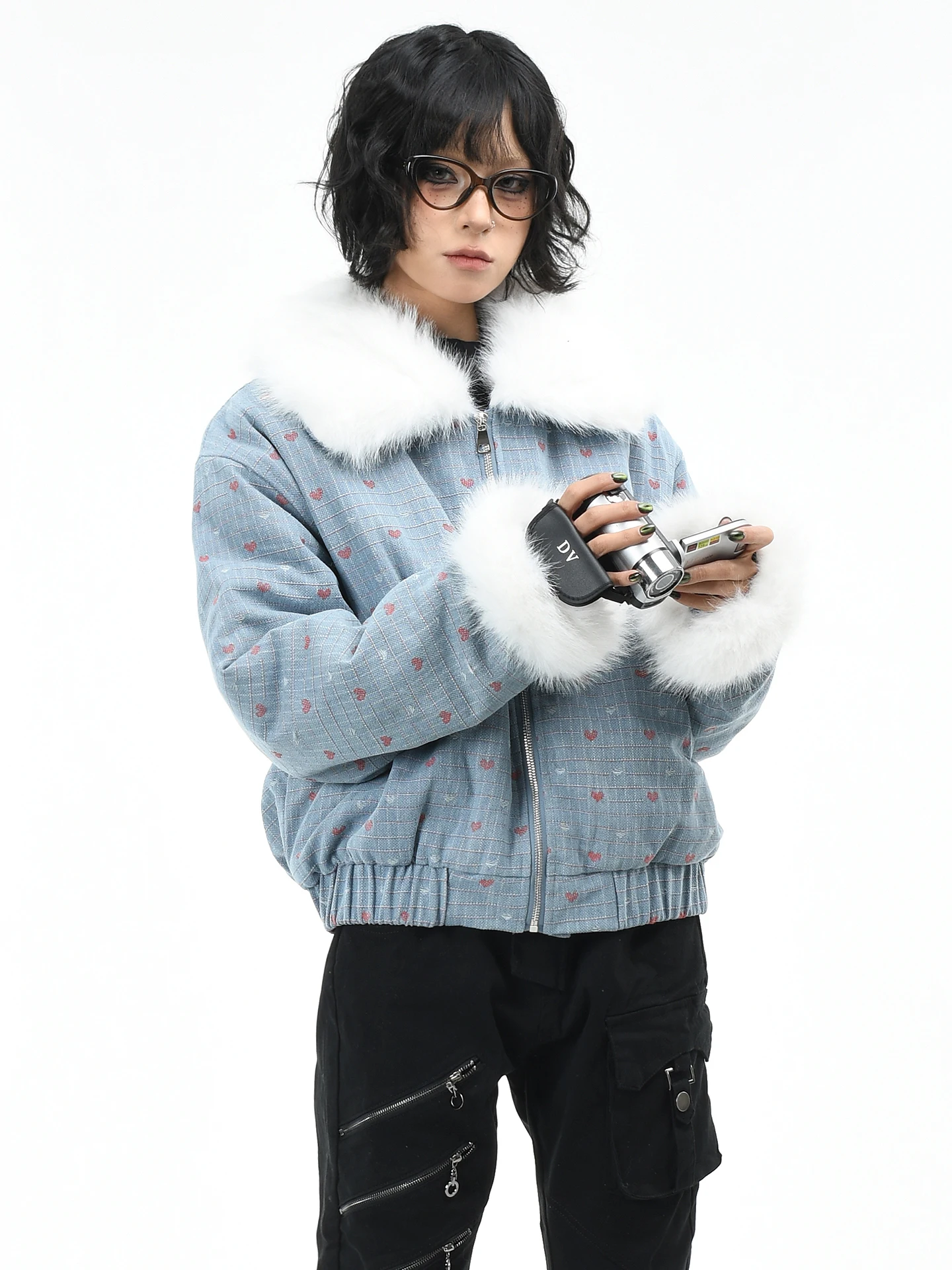 

OV оригинальное американское ретро джинсовое хлопковое джинсовое пальто с меховым воротником, женское зимнее свободное теплое хлопковое пальто