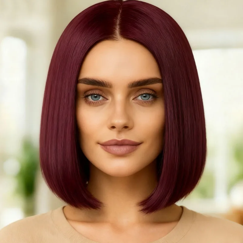 

Elegant 12 inch burgundy straight tube synthetic wig, suitable for all women, no bangs for daily party basic style