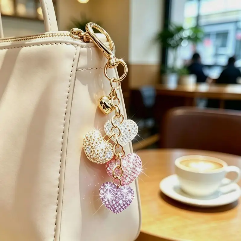Layered Bling Crystal Heart Keychain Multi Rhinestone Bag Pendant Durable Key Holder for Women Daily Commute