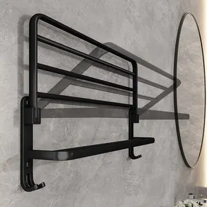 Preto fosco 50CM Folding Suporte Com Gancho Toalha Suporte Wall Mount AluminumTowel Rack 6 principais vendas porta toalhitas portátil - №5