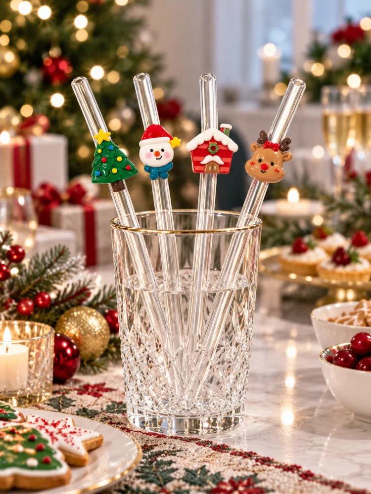 4PCS Decorated Bent Reusable Clear Glass Straw, Christmas Themed Reindeer Snowman Tree House Straw for Hot & Cold Beverages