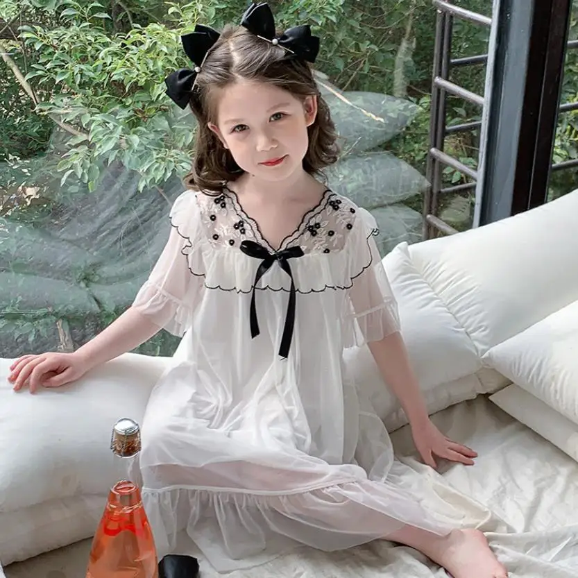 Girl Short Sleeve Sleep Dress Baby Embroidery Summer Thin Pajamas White Princess Comfortable Home Clothes Kids Nightgown Wz1148