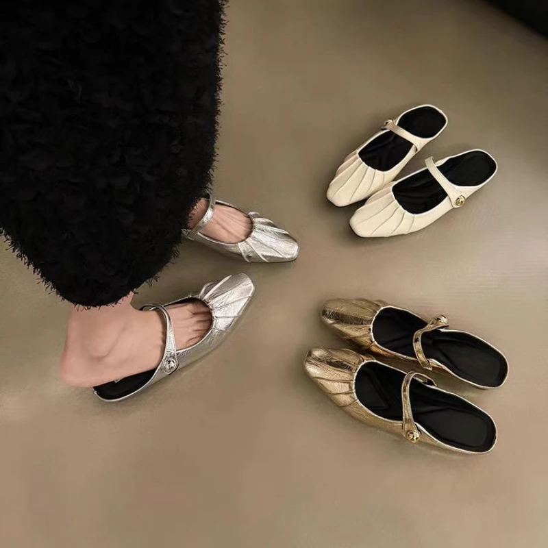 2024 Spring New Brand Women Slipper Fashion Pleated Round Toe Slip On Mules Shoes Round Toe Outdoor Dress Sandal Shoes