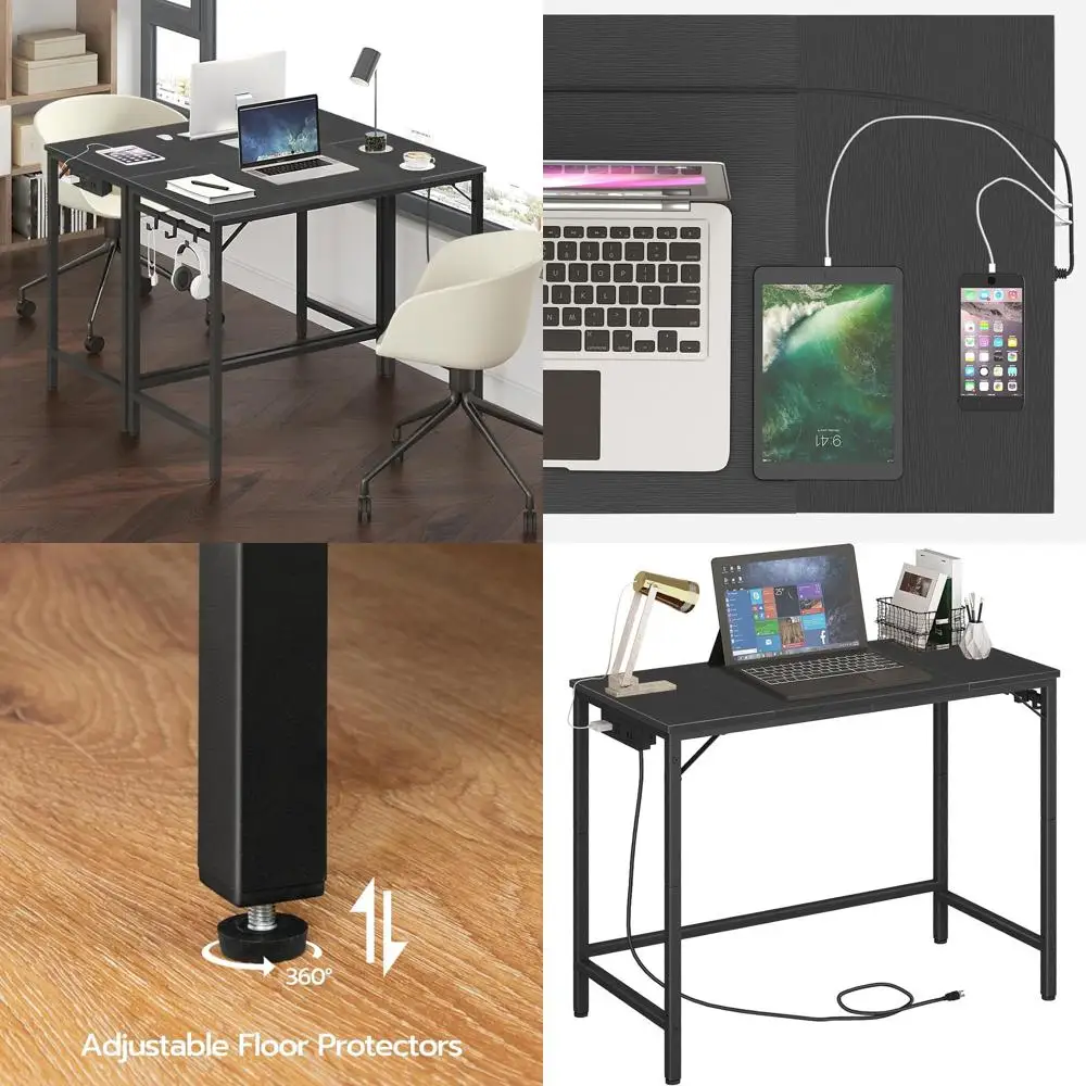 

Sturdy Black Home Office Desk with Power Outlet and 3 Hooks for Study and Writing