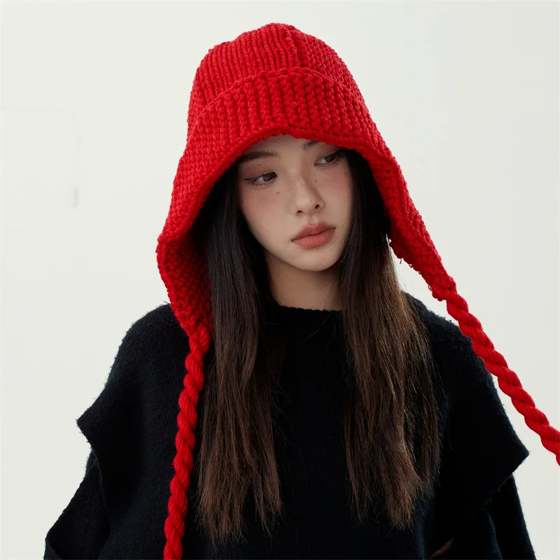 2022 Red Bomber Hat Winter Warm Cute Fried Dough Twist Braid Ear Protection Knit Cap Korean Fashion Ski Women\'s Caps Gorros