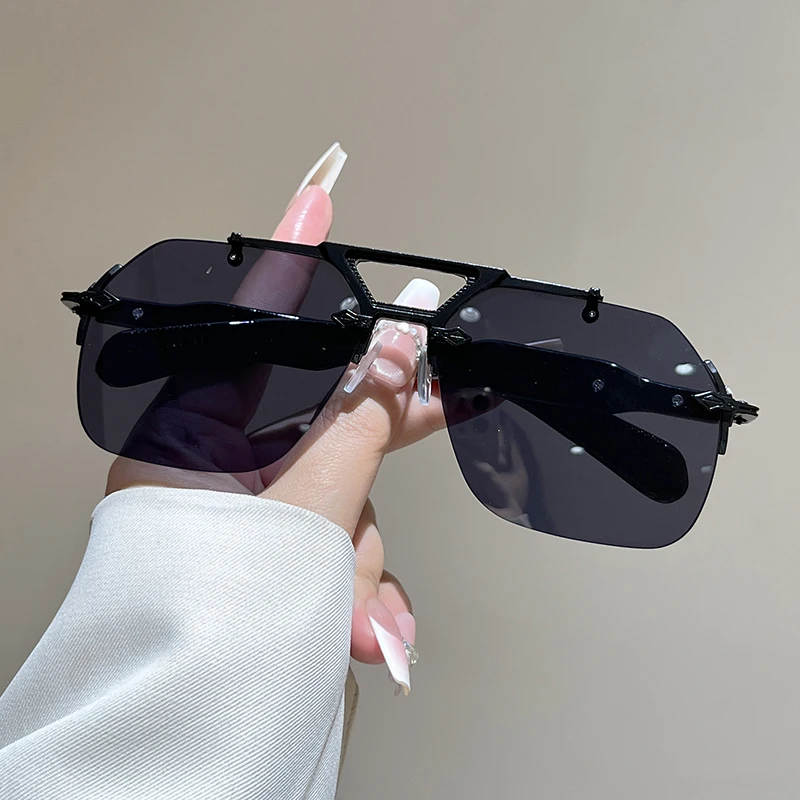 KAMMPT Rimless Oversized Sunglasses Men Fashion Vintage Double Bridge Pilot Shades Women Trendy Design Outdoor Decor Sun Glasses