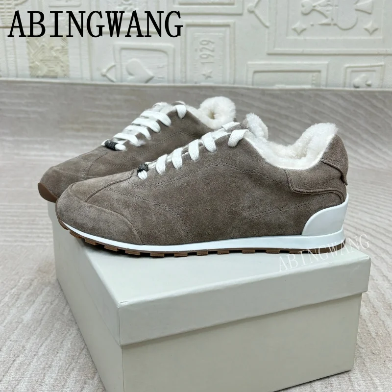 2025 inverno novas mulheres camurça retalhos dentro de pele tênis planos sola grossa sapatos casuais quentes dedo do pé redondo rendas até tênis casuais