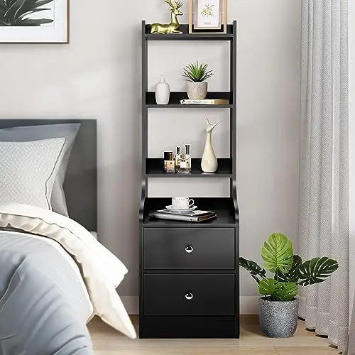 

White Night Stand, 55\u201C Modern Nightstand Bedside Table with 4-Tier Open Shelves & 2 Drawers, Wood Night Stand for Bedro