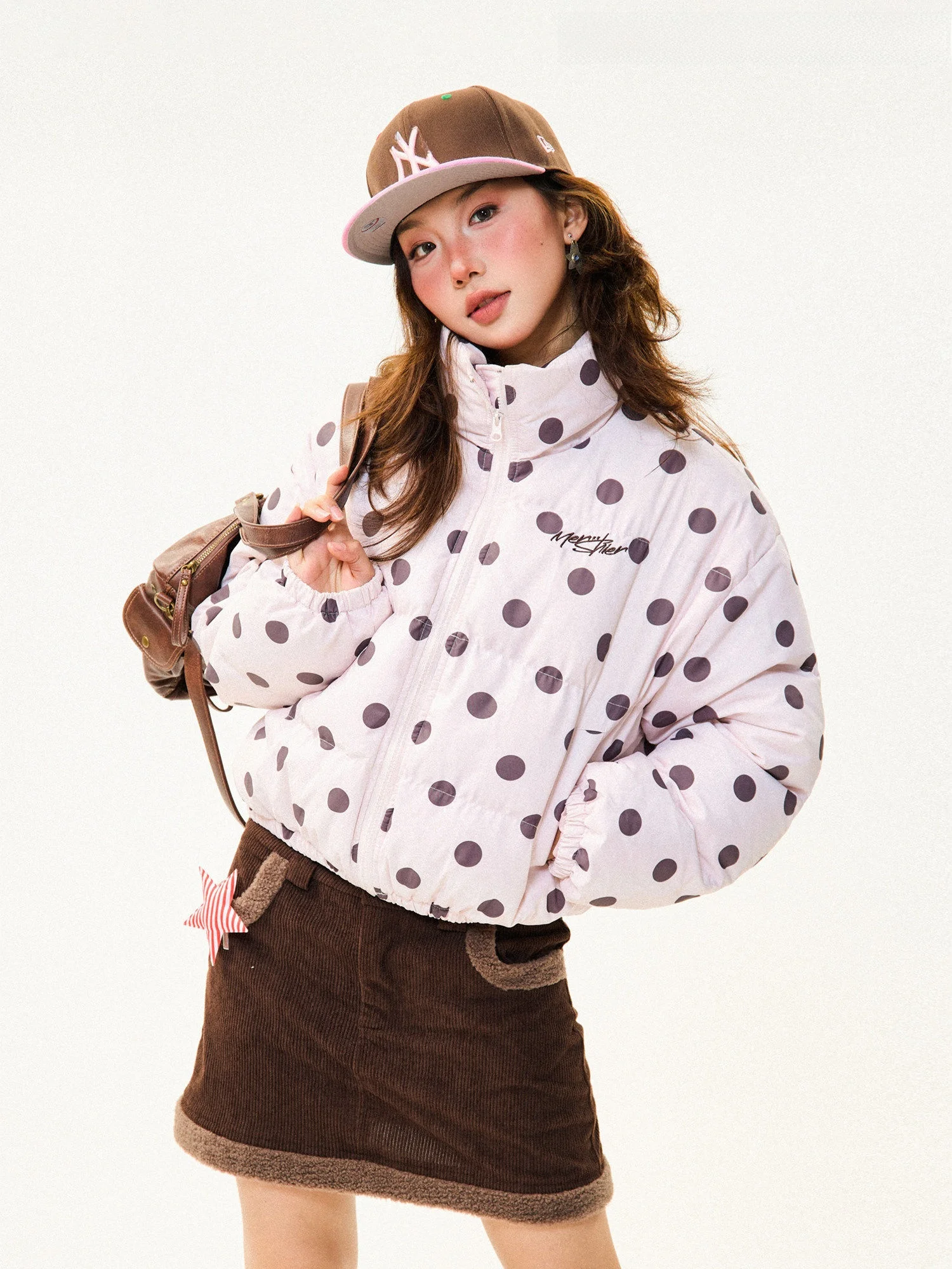 

Warm Cotton Outerwear Women's Winter Loose Polka Dot Print Stand Collar ort Bread Sle Coat Versatile Thiened Polyester ...