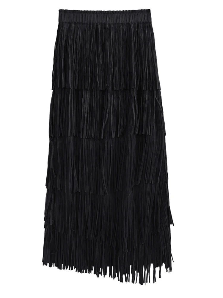 [EAM] High Elastic Waist Red Pleated Tassels Long Elegant Half-body Skirt Women Fashion Tide New Spring Autumn 2024 1DF8296