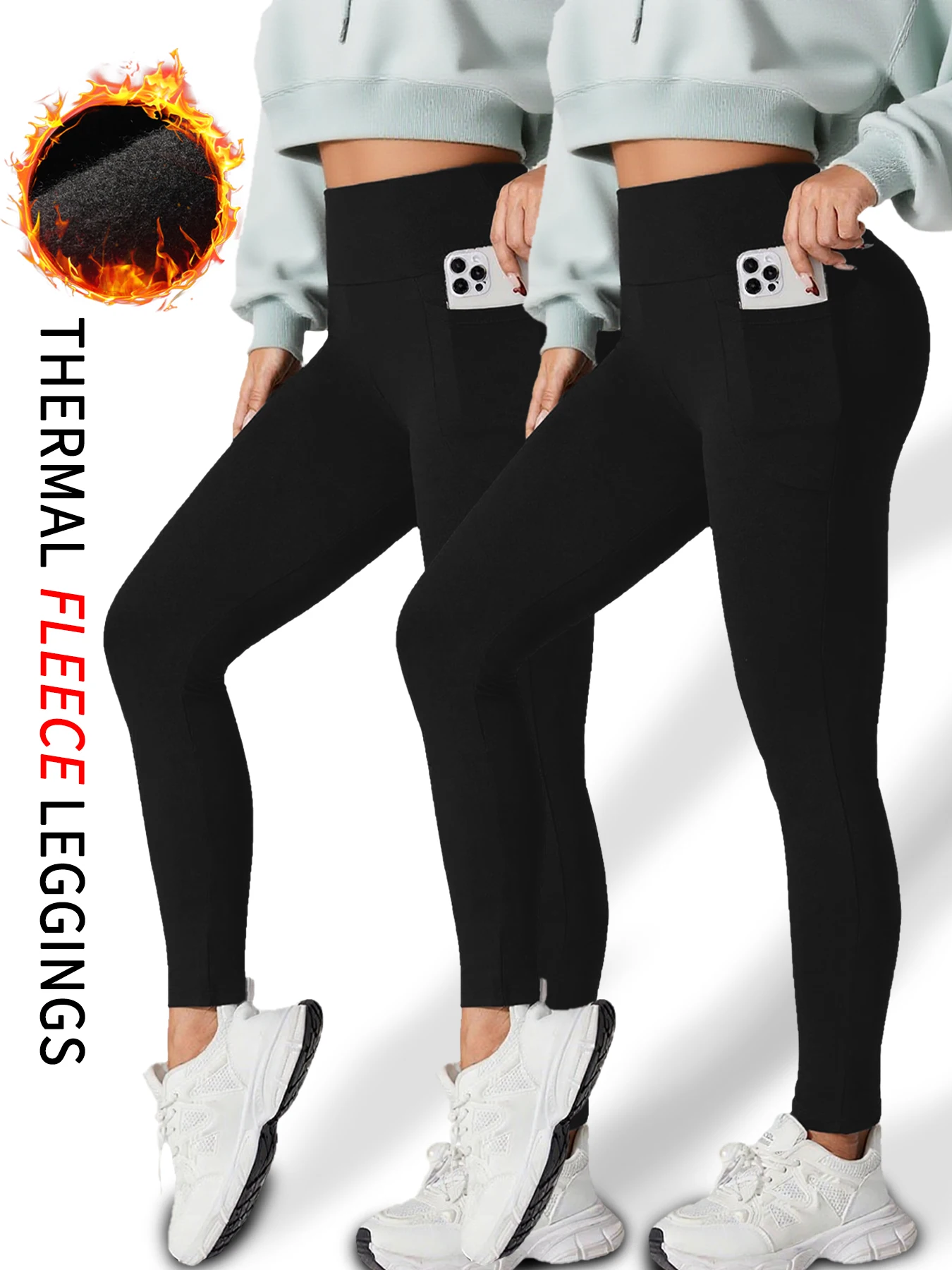 2 حزمة طماق مبطنة بالصوف الحراري مع جيوب للنساء-ارتفاع الخصر البطن التحكم الشتاء الجوارب الدافئة تجريب الجري السراويل #1