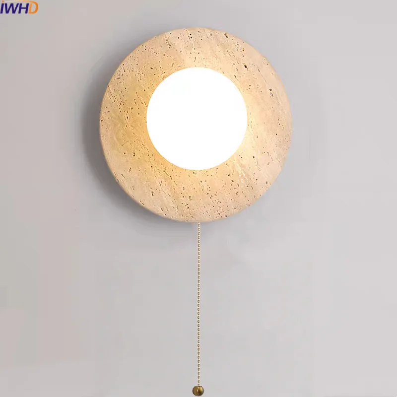 

IWHD White Glass Ball LED Wall Light Interior For Home Yellow Travertine Living Room Bedroom Design Bedside Lamp Applique Murale