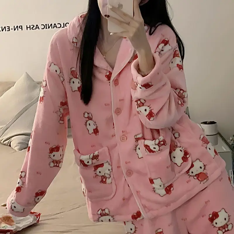 Hellokitty Pajamas Nightgown Woman Autumn Winter Kawaii Cartoon My Melody Cinnamoroll Coral Fleece Keep Warm Girl Loungewear Set