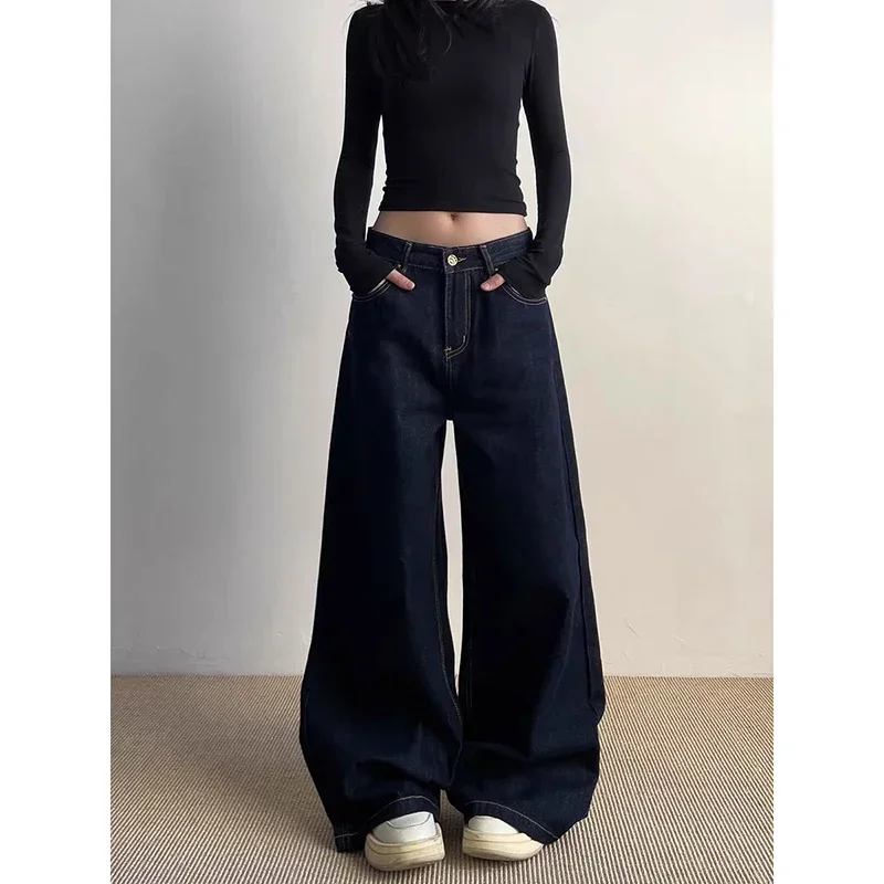 

2025 Spring American Retro Casual Baggy Blue Jeans Women Harajuku Solid Wide Leg Loose Denim Trouser Y2K 2000s Pants Pantalones