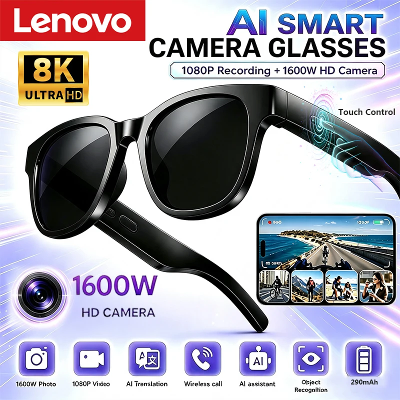 Lenovo Smart Glasses 8K HD Touch Control Camera Recording Bluetooth Call Voice Assistant Translator AI Glasses for Adults New