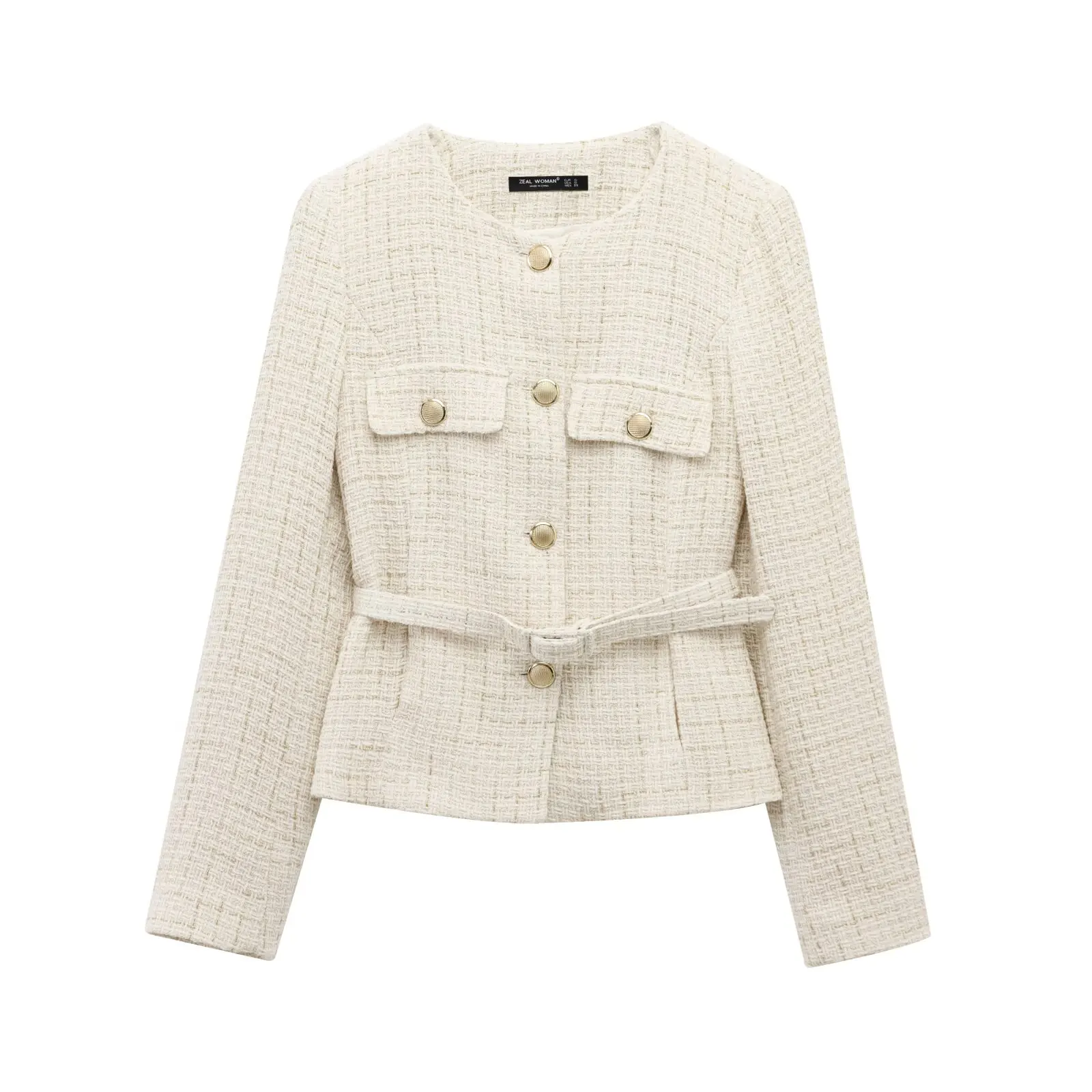 

HH Women Fashion Plaid Texture Single-Breasted Belt Decorate Short Coat Jacket Female Spring Long Sleeve O-Neck Casual Coat