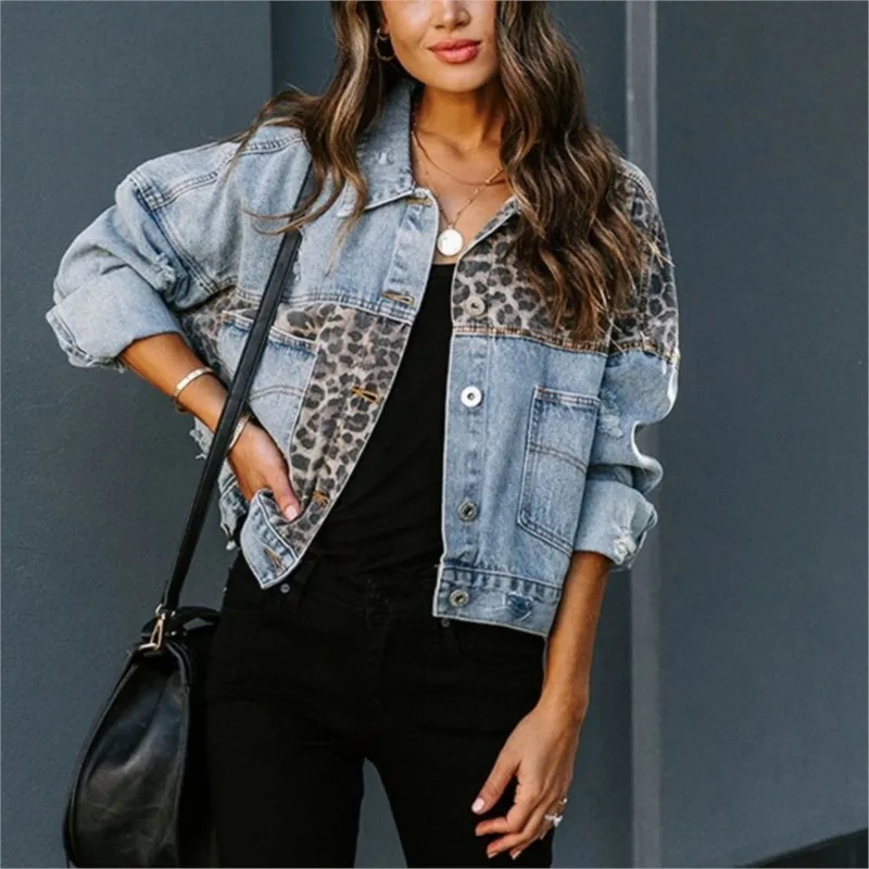 Leopard Stitching Denim Jacket Women Coat Fashion Female Outerwears Long Sleeve Lapel Button Down Chest Pocket Female Tops