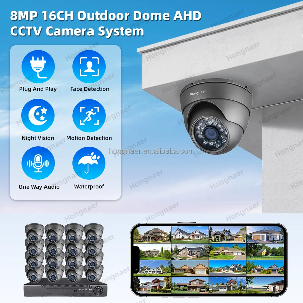 Hongnaer 8MP Face Detection 16 Channel Analog Surveil Security Camera Kit System XMEye Pro 4K Indoor Outdoor CCTV Camera System