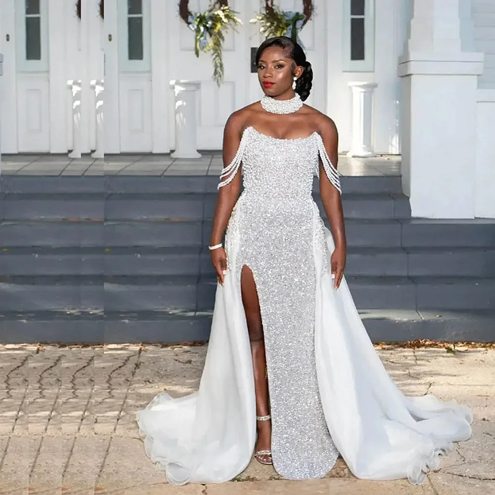Charming Off The Shoulder Wedding Dresses With Pearls Tassels High Slit Aso Ebi Bridal Dress Custom Made Wedding Reception Dress