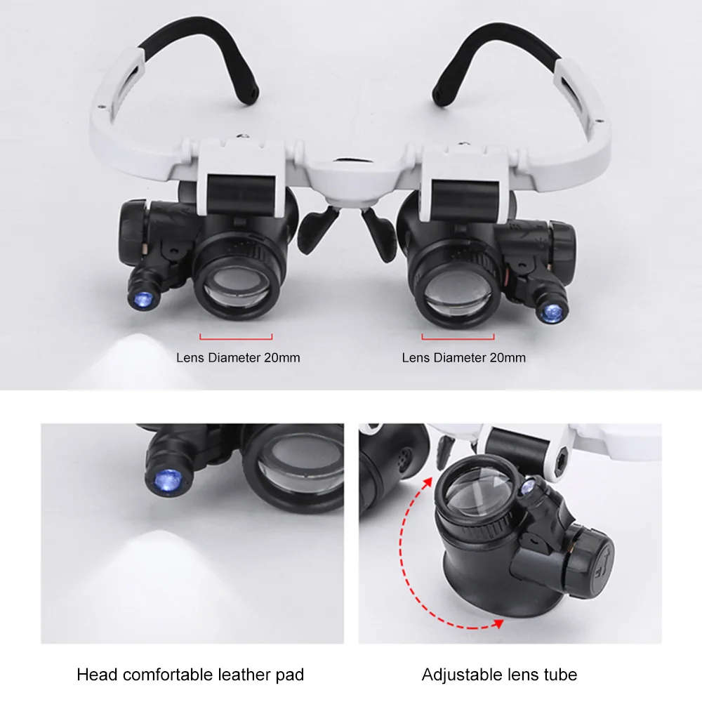 2XLED Watch Jeweler Repair Magnifier Head-Mounted Headband Magnifying Head Eye Glasses Loupe Lens 8X 15X 23X Measuring Tool