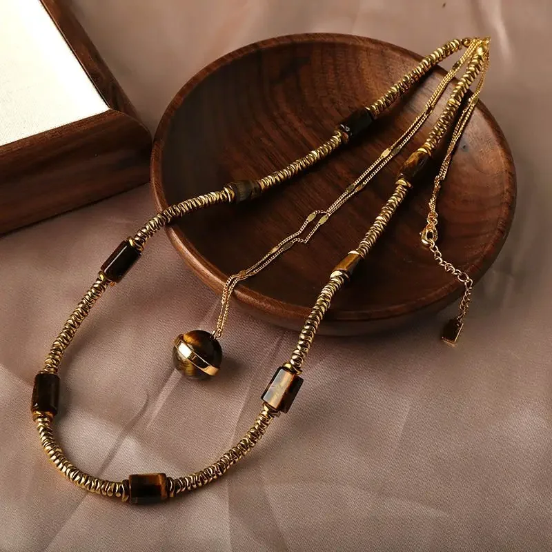 Maillard Autumn/Winter Style Non Fading Necklace Non Allergic Tiger Eye Natural Stone Light Luxury Charm Necklace Sweater Chain
