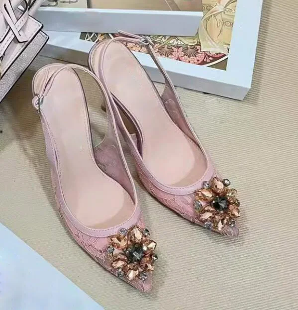 Summer Rhinestone Flower Slingbacks Floral Lace Sandals Pointed Toe Crystal High Heels Back Strap Woman Banquet Pumps Shoes