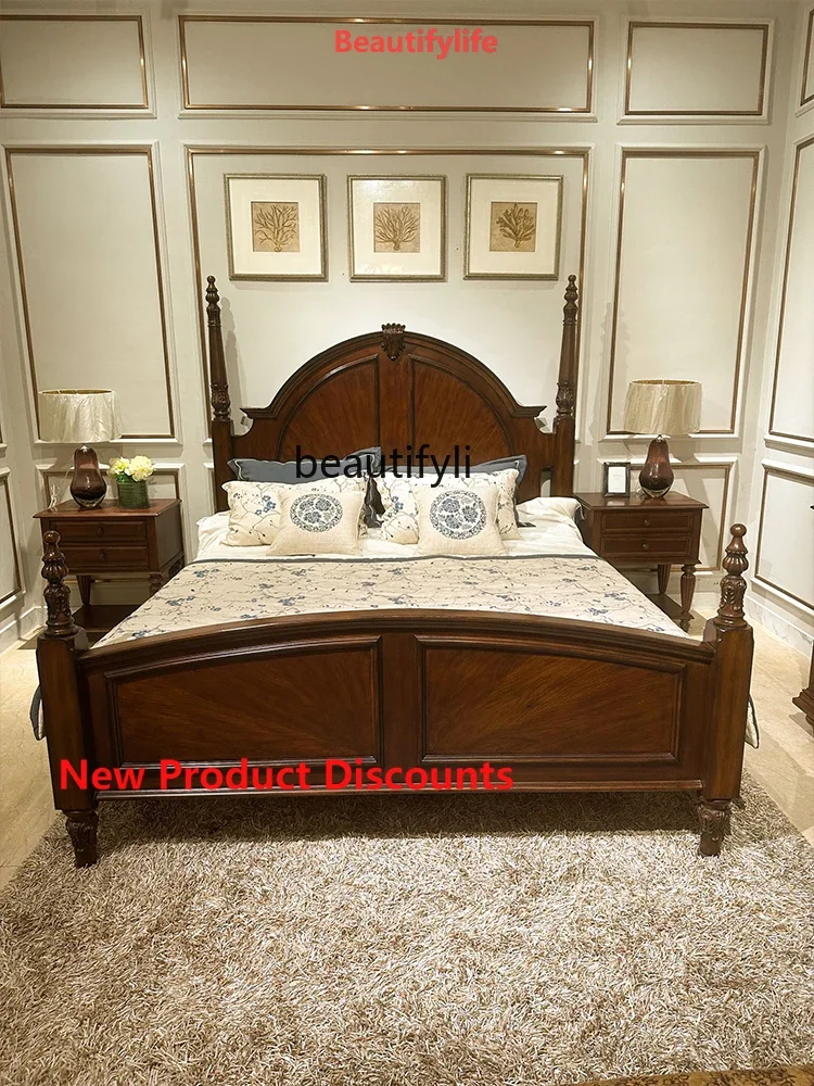 Q181 American Retro Victoria Solid Wood Double Bed Roman Column 1.8 M Double Classical Villa Furniture