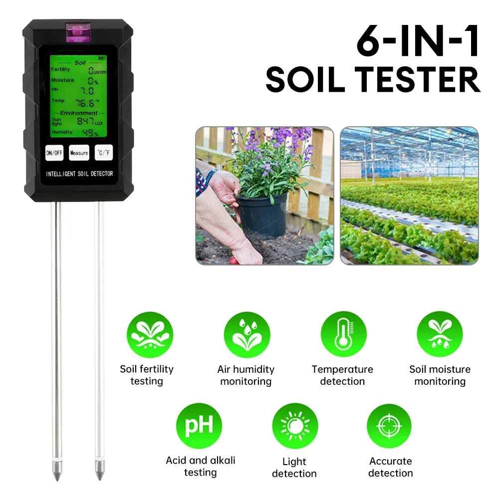 6 in 1 Digital Soil Tester Multifunctional Soil PH Detector Moisture Fertility PH Temperature Humidity Light Meter for Garden