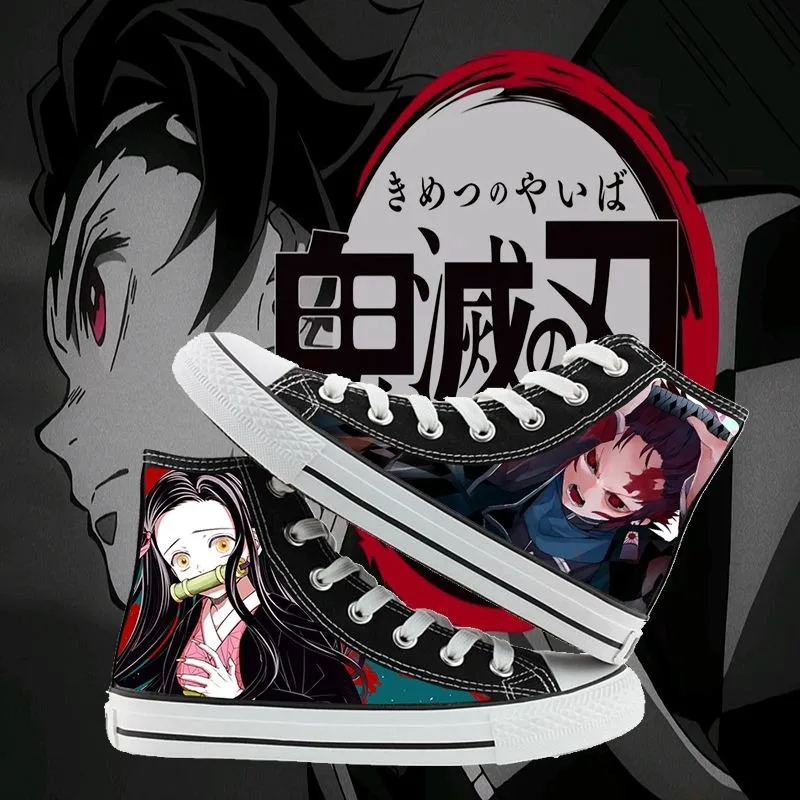 Demon Slayer Canvas Shoes Anime Character Tanjiro Kamado Graffiti Printed Male and Female Students High-top Breathable Sneakers