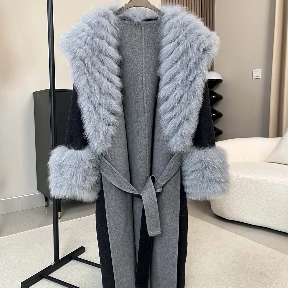 معطف شتوي حقيقي لعام 2025 بياقة من فرو الثعلب الطبيعي معطف فرو من صوف الكشمير سترة صوفية للسيدات ملابس خارجية معطف نسائي #2