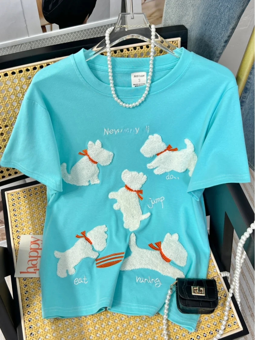 plus Size Fashionable Pure Cotton Short Sleeve T-Shirt Summer New Embroidered Dog Casual Top Shoulder Width Regular Fit Cotton