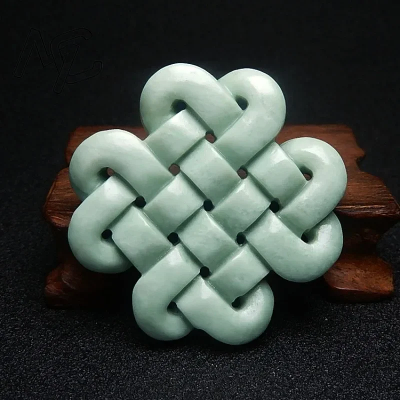 Green Real Natural Jade Double Sided Carved Chinese Knot Pendant Necklace Chinese Gift Luxury Fashion Amulet Vintage Jewelry