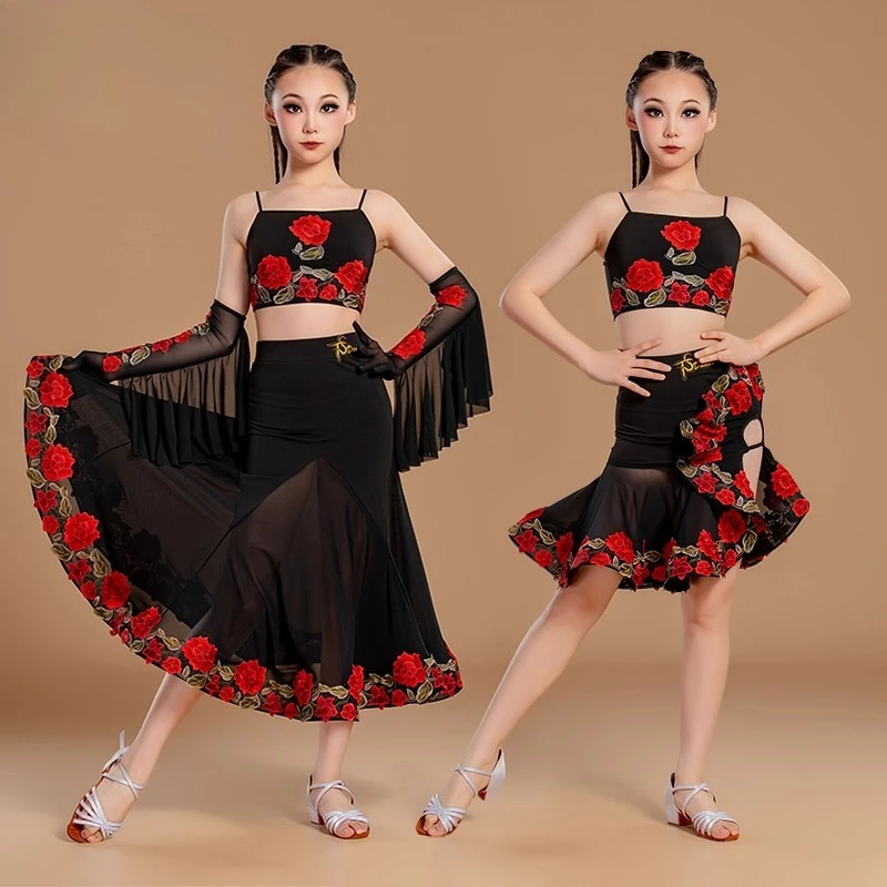 Robe de danse latine professionnelle pour filles, tenue d'été en dentelle brodée de style ethnique, col licou, tenue d'entraînement, nouvelle collection