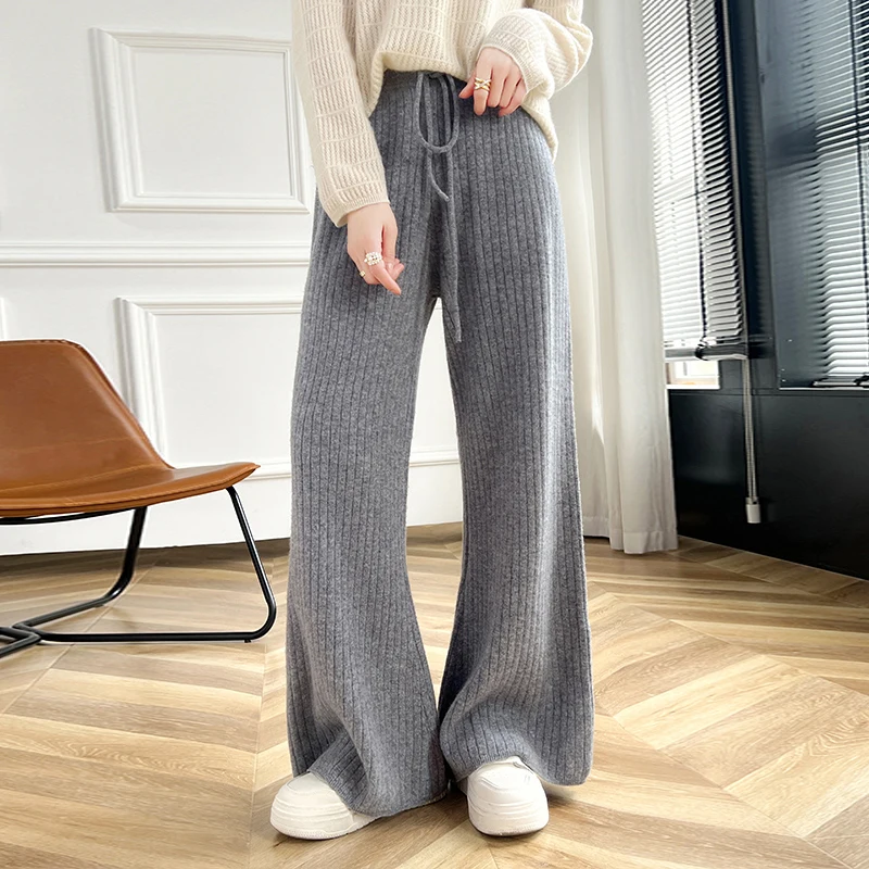 100% pure wool wide-leg pants women's elastic waist pit drawstring pants loose knitted cashmere casual mop pants