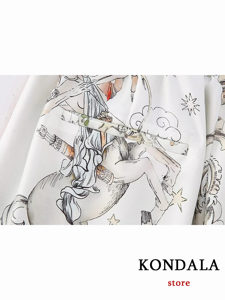 KONDALA Vintage Chic Print Holidady Set Casual Women Suit Fashion 2023 Long Sleeve Silk Oversized Shirt Wide Leg Drawstring Pant