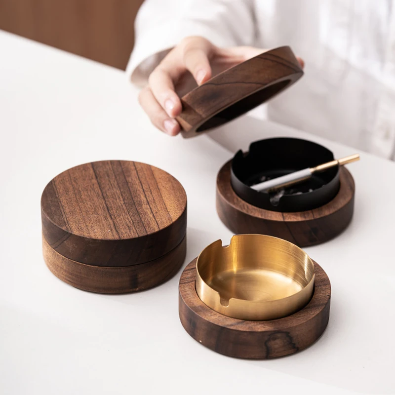 Creative Wood Ashtrays With Lid Covered Windproof Ashtray With Stainless Steel Liner Indoor Outdoor Ash Tray For Home